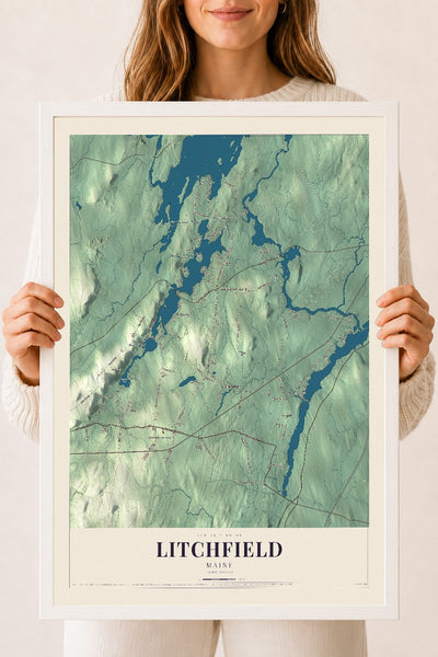 Litchfield, Maine map print - 18 x 24 white Ayous wood frame