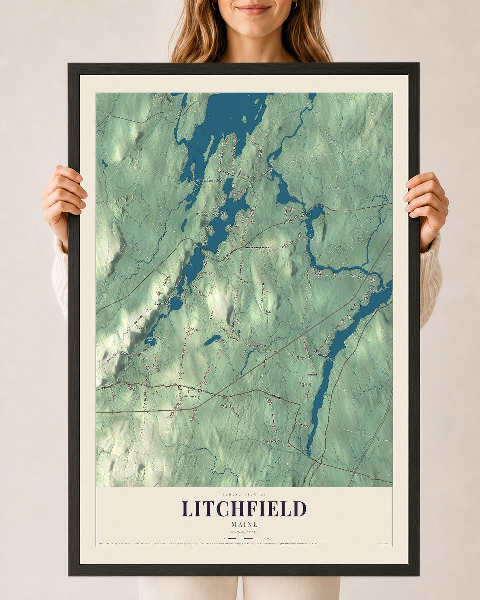 Litchfield, Maine map print - 24 x 36 black Ayous wood frame