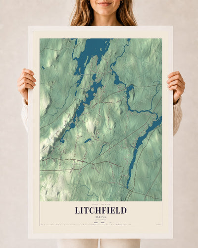 Litchfield, Maine map print - 24 x 36 white Ayous wood frame