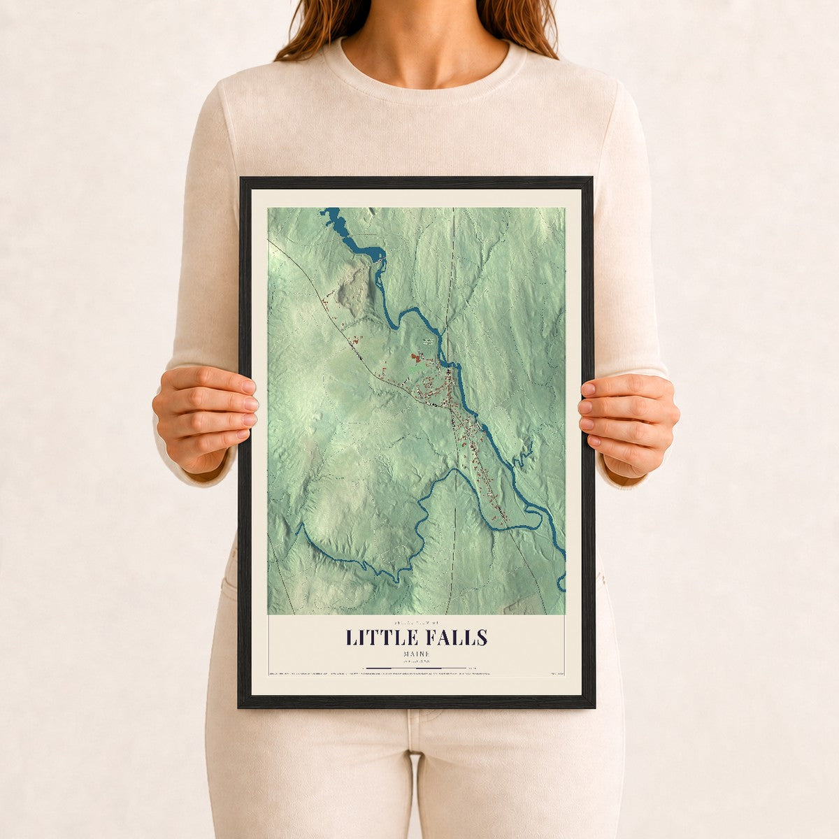 Little Falls, Maine map print - 12 x 18 black Ayous wood frame