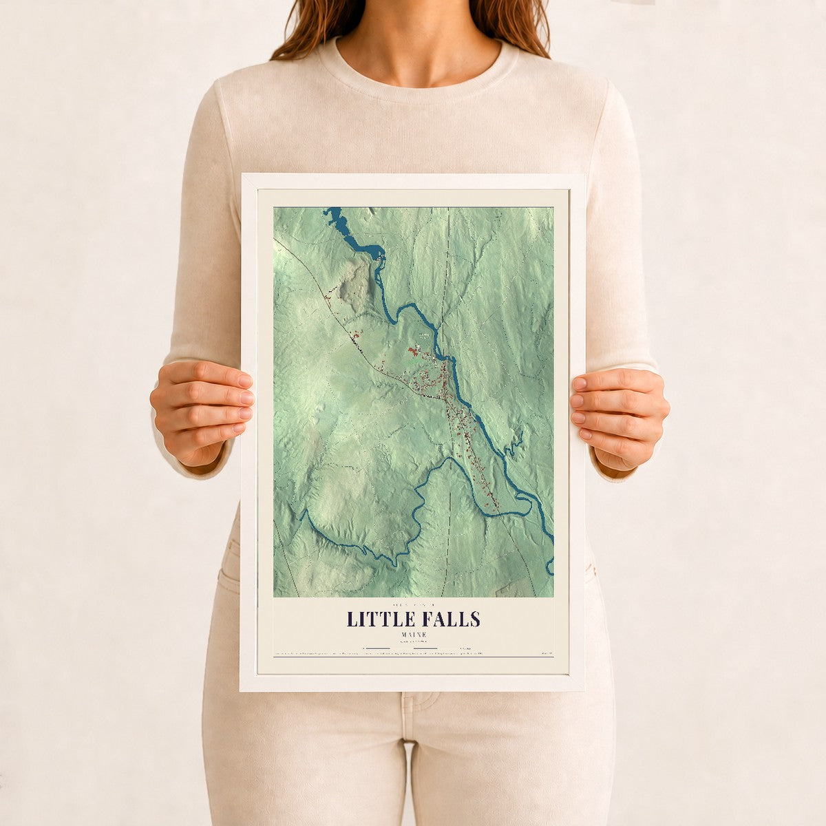 Little Falls, Maine map print - 12 x 18 white Ayous wood frame