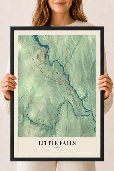 Little Falls, Maine map print - 18 x 24 black Ayous wood frame
