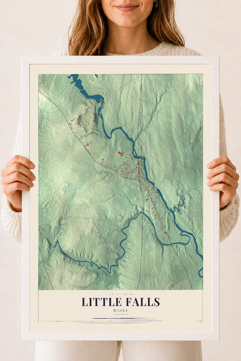 Little Falls, Maine map print - 18 x 24 white Ayous wood frame