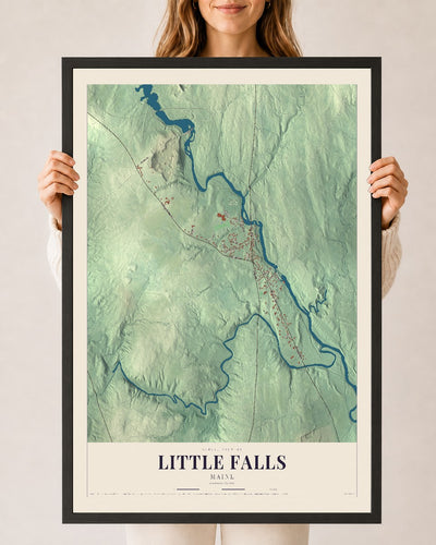 Little Falls, Maine map print - 24 x 36 black Ayous wood frame