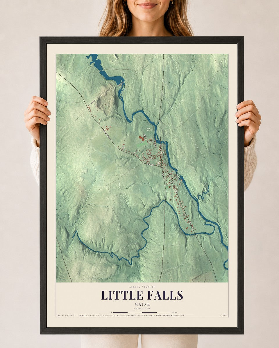 Little Falls, Maine map print - 24 x 36 black Ayous wood frame
