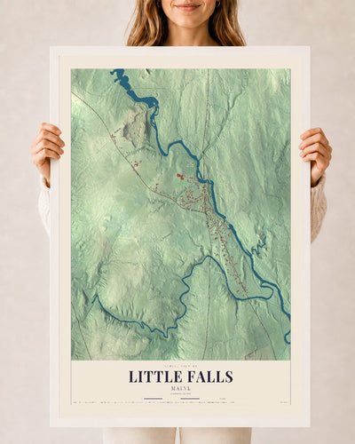 Little Falls, Maine map print - 24 x 36 white Ayous wood frame
