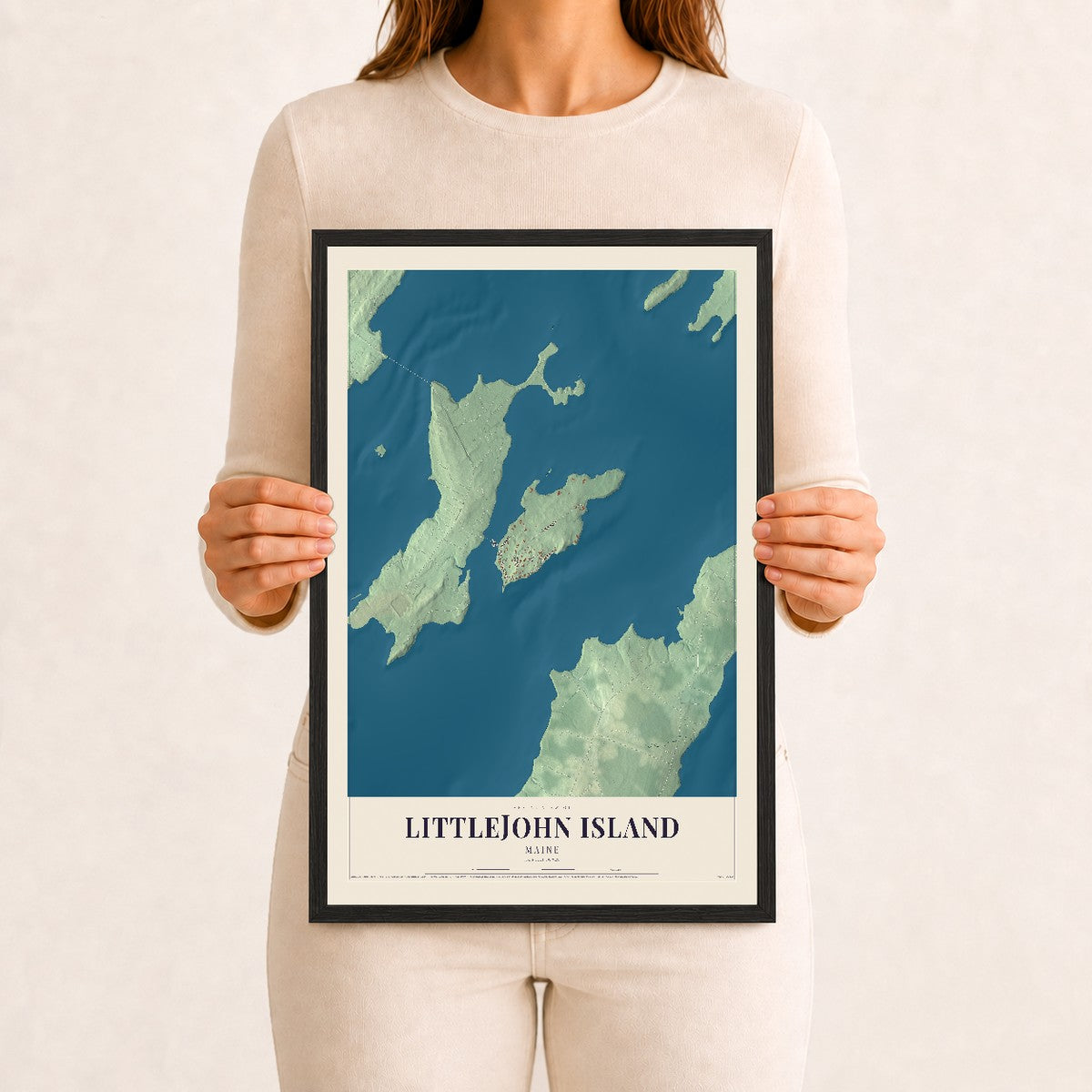 Littlejohn Island, Maine map print - 12 x 18 black Ayous wood frame