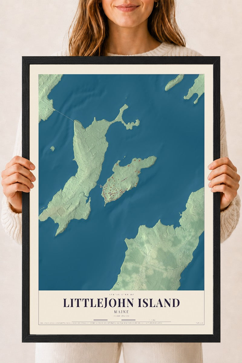 Littlejohn Island, Maine map print - 18 x 24 black Ayous wood frame