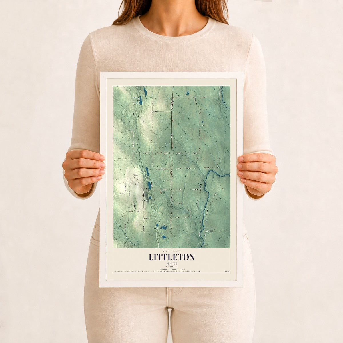 Littleton, Maine map print - 12 x 18 white Ayous wood frame