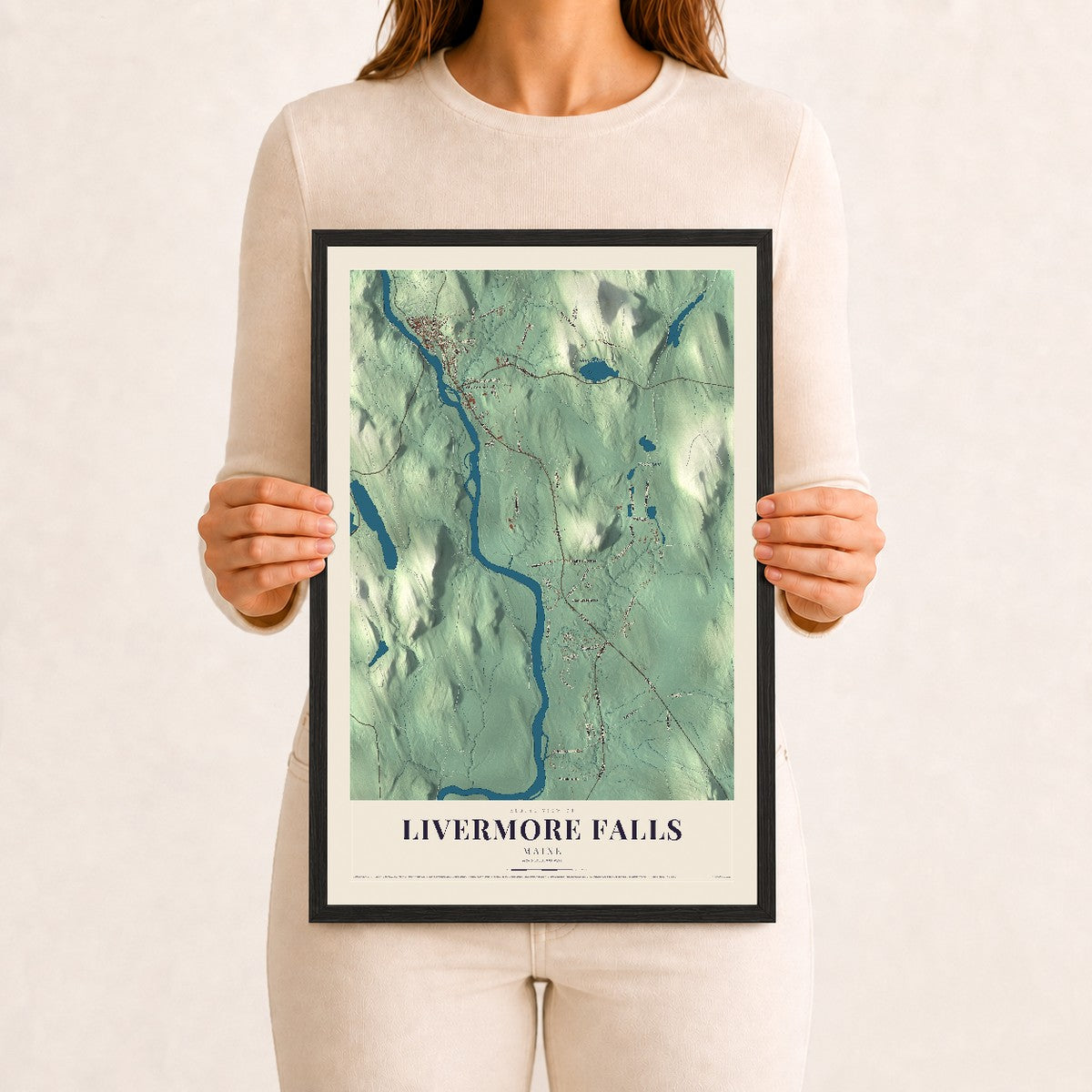 Livermore Falls, Maine map print - 12 x 18 black Ayous wood frame