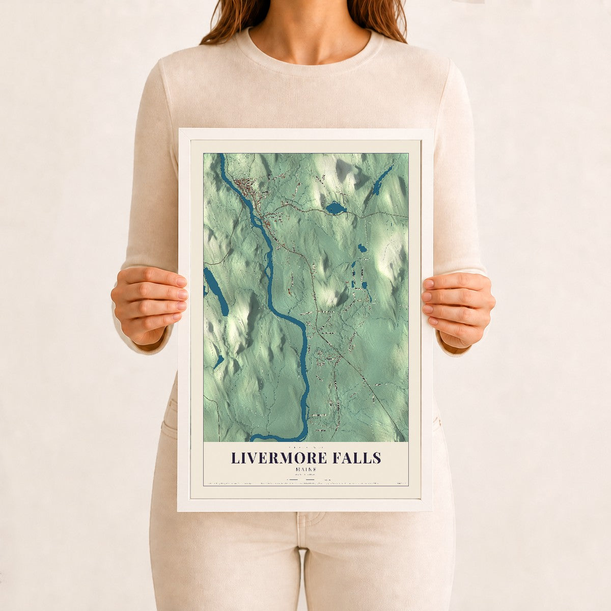 Livermore Falls, Maine map print - 12 x 18 white Ayous wood frame