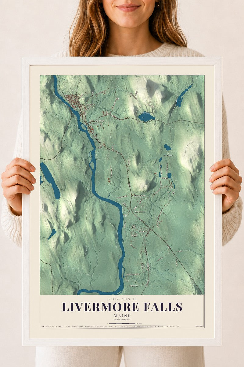 Livermore Falls, Maine map print - 18 x 24 white Ayous wood frame