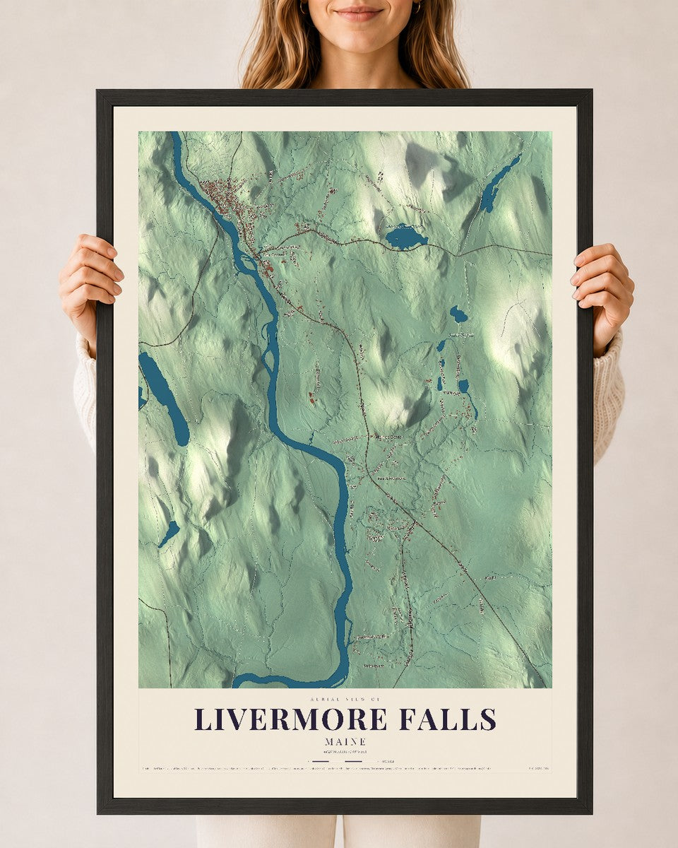 Livermore Falls, Maine map print - 24 x 36 black Ayous wood frame