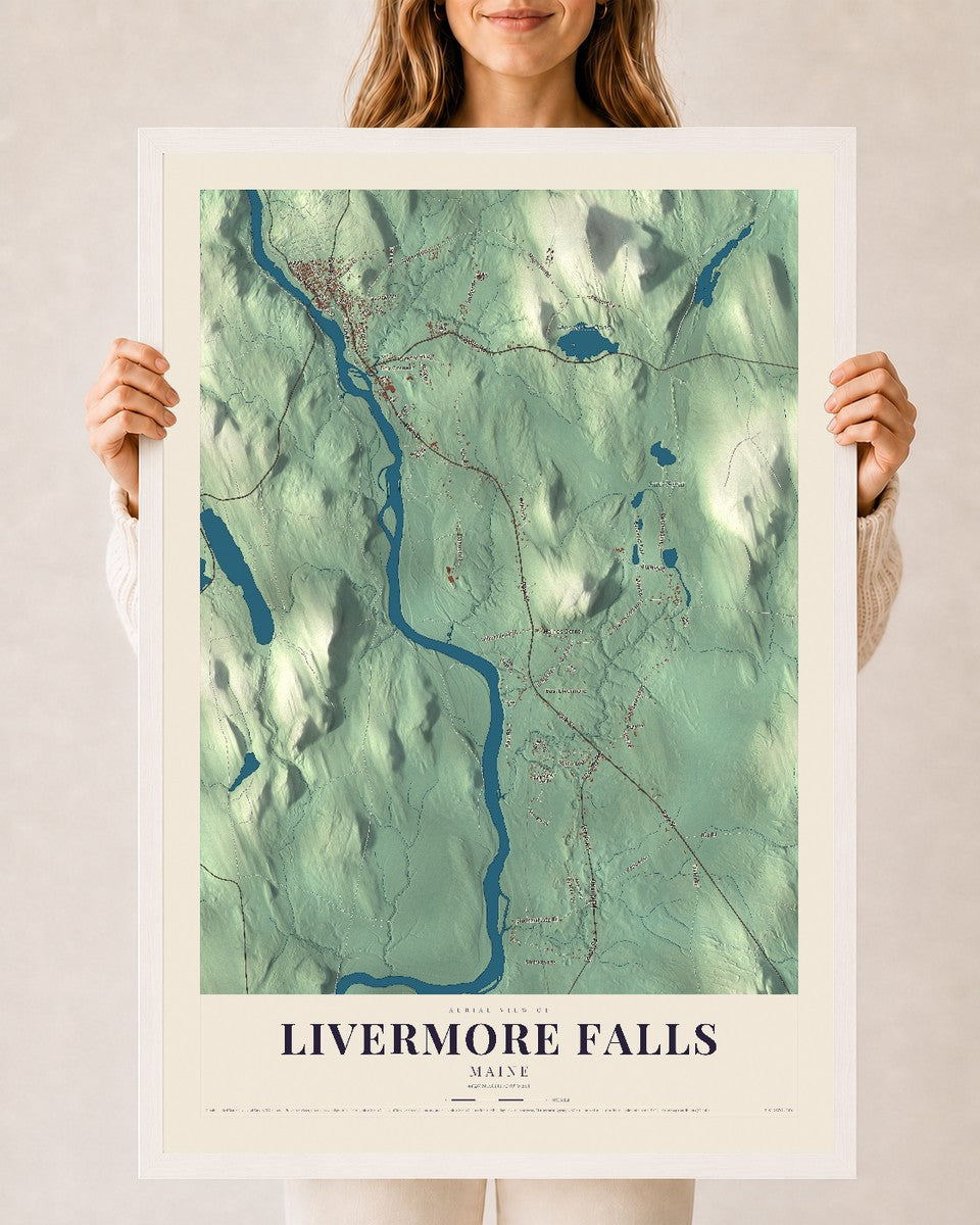 Livermore Falls, Maine map print - 24 x 36 white Ayous wood frame