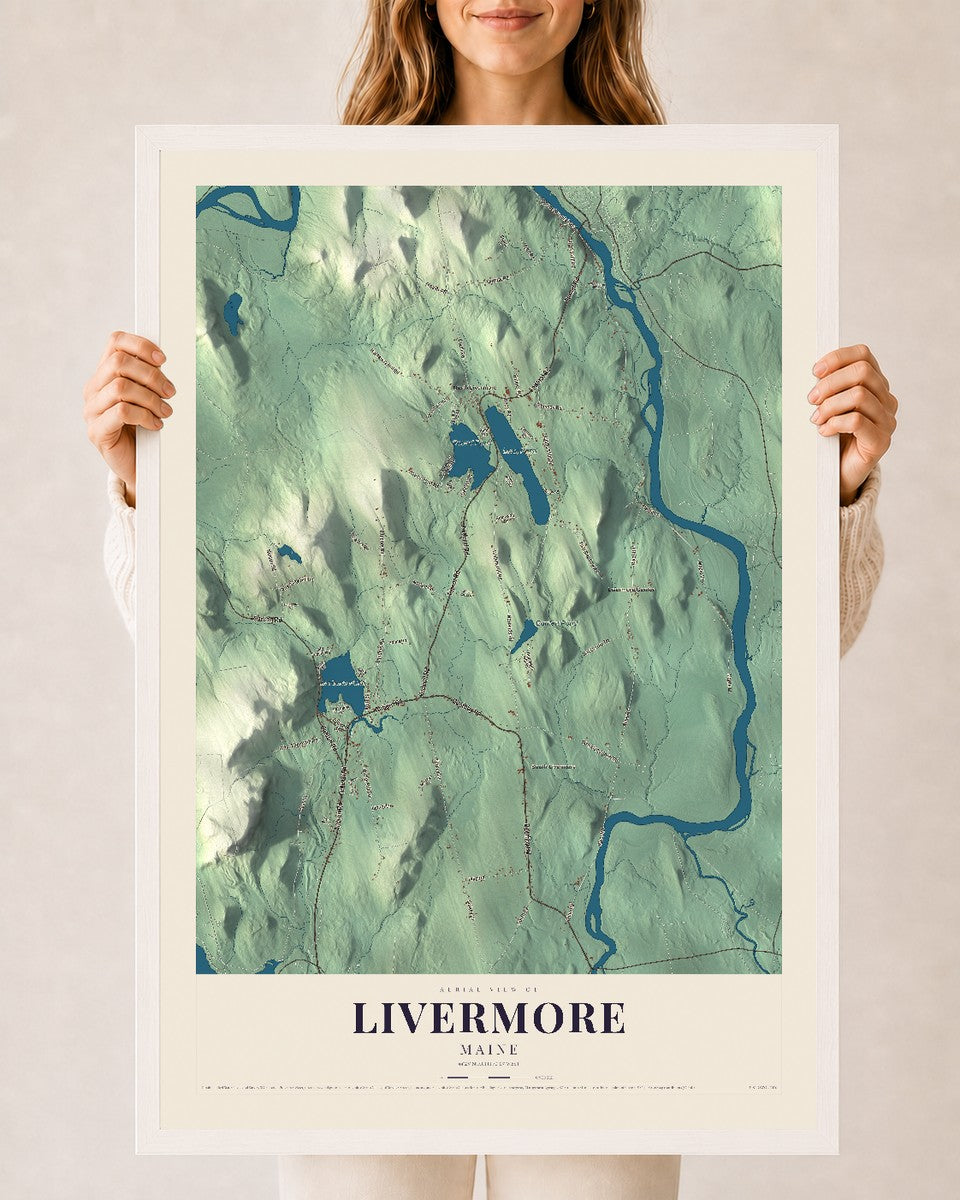 Livermore, Maine map print - 24 x 36 white Ayous wood frame