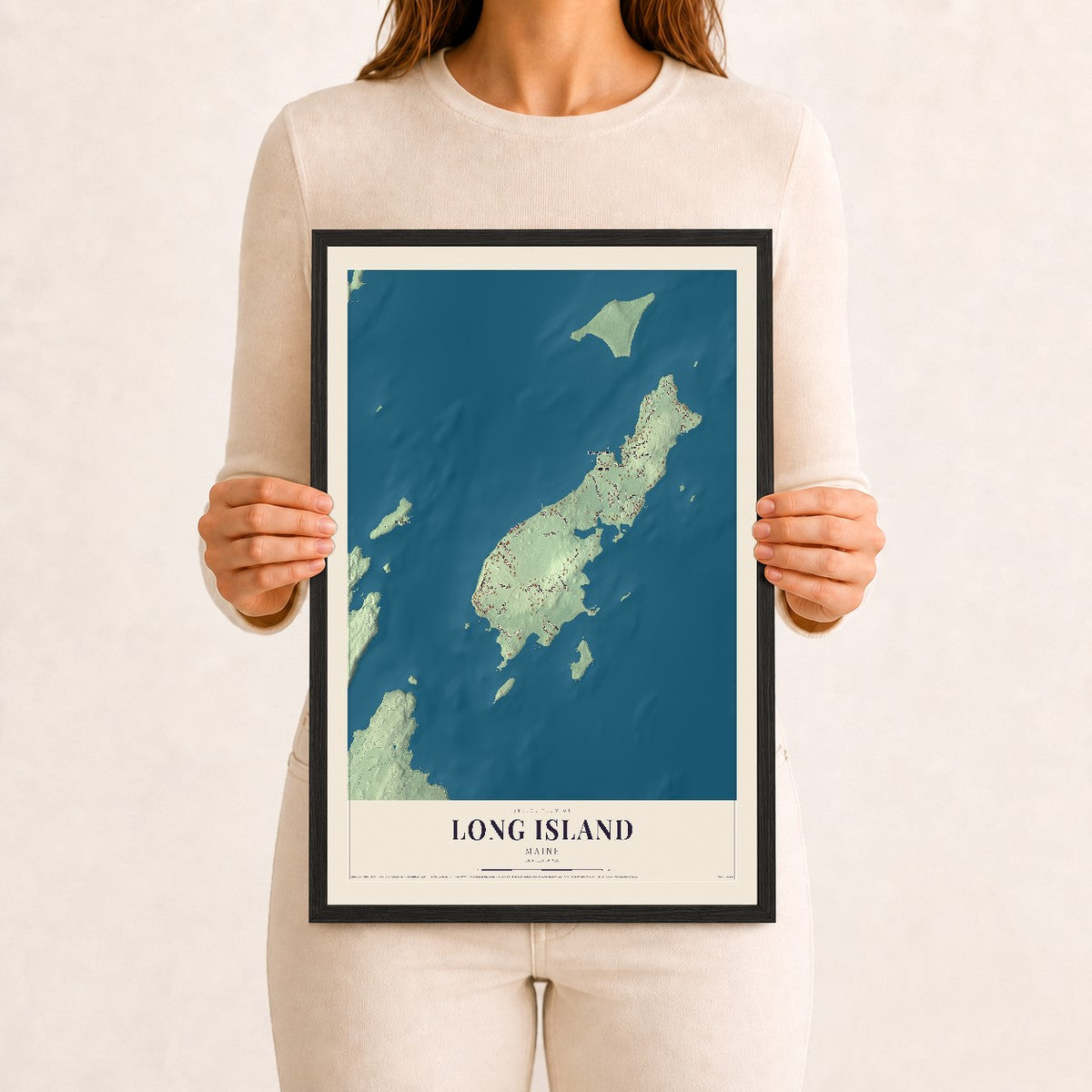 Long Island, Maine map print - 12 x 18 black Ayous wood frame