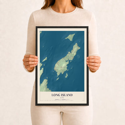 Long Island, Maine map print - 12 x 18 black Ayous wood frame