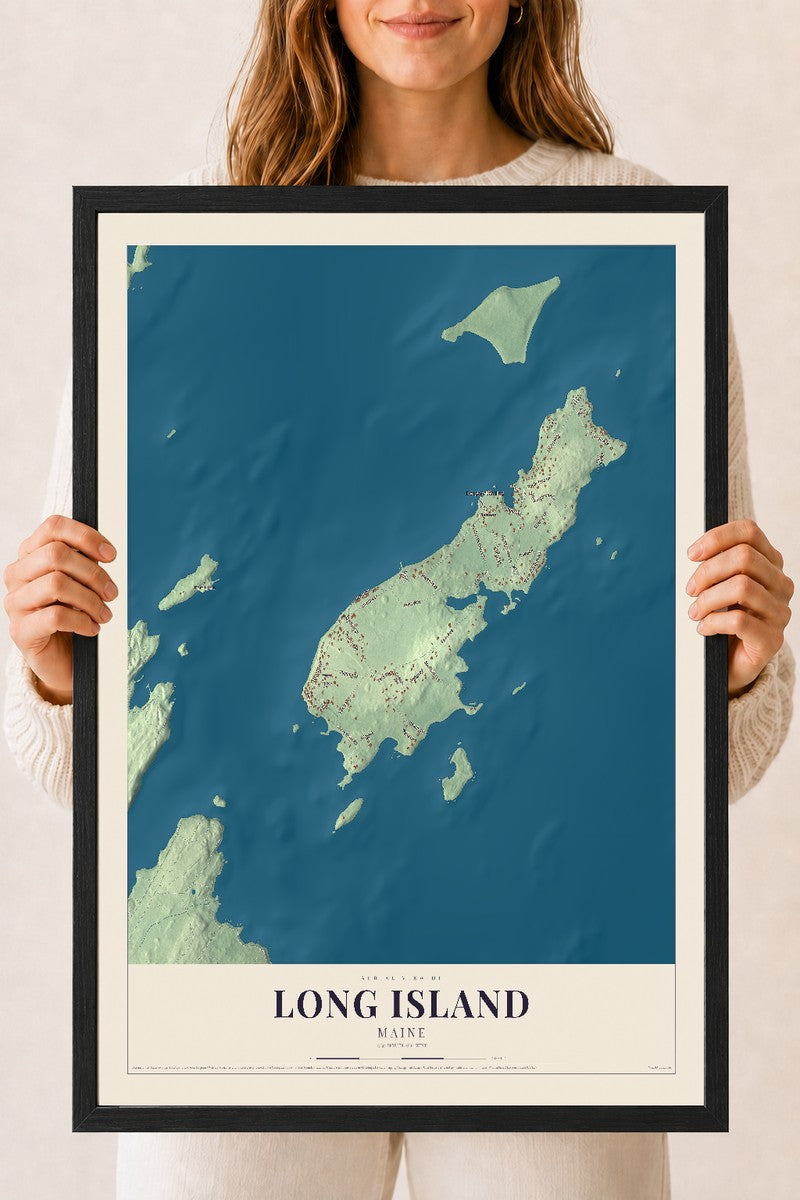 Long Island, Maine map print - 18 x 24 black Ayous wood frame