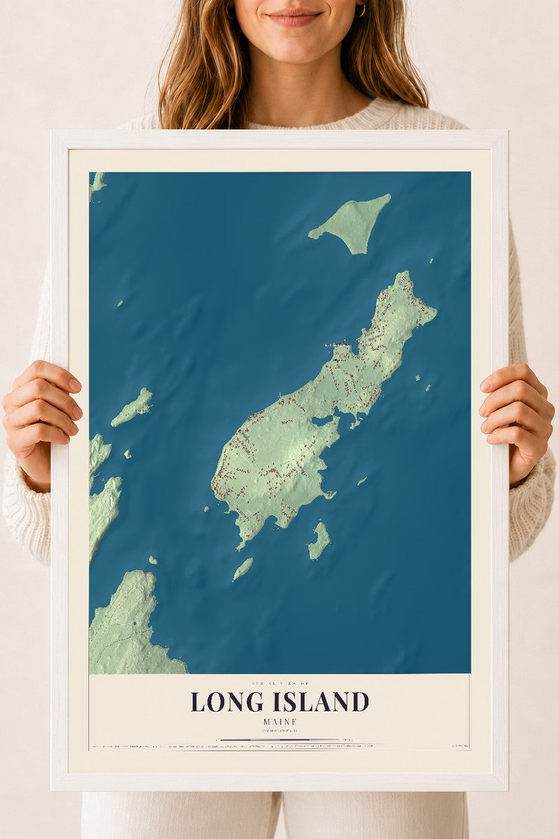 Long Island, Maine map print - 18 x 24 white Ayous wood frame