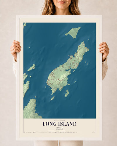 Long Island, Maine map print - 24 x 36 white Ayous wood frame