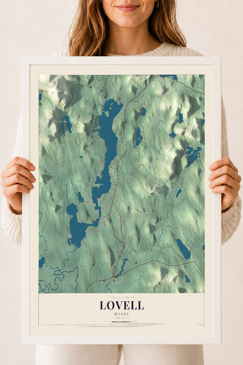 Lovell, Maine map print - 18 x 24 white Ayous wood frame