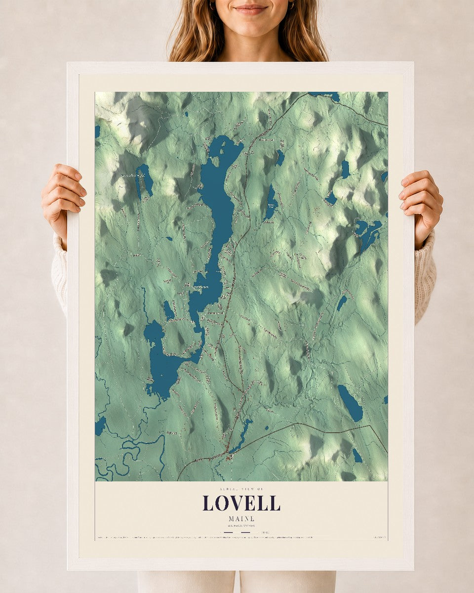Lovell, Maine map print - 24 x 36 white Ayous wood frame