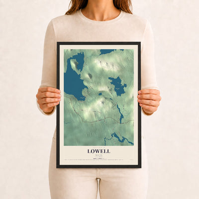 Lowell, Maine map print - 12 x 18 black Ayous wood frame