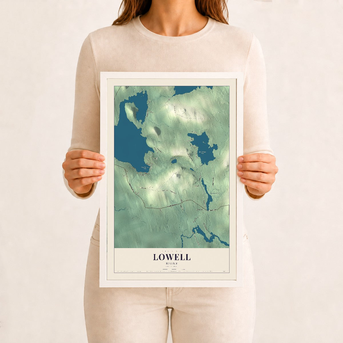 Lowell, Maine map print - 12 x 18 white Ayous wood frame