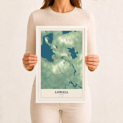 Lowell, Maine map print - 12 x 18 white Ayous wood frame