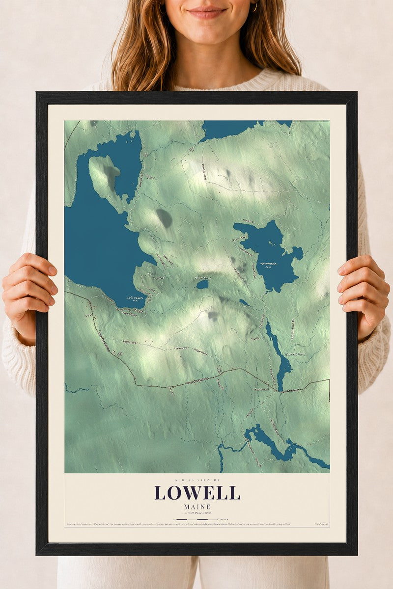 Lowell, Maine map print - 18 x 24 black Ayous wood frame