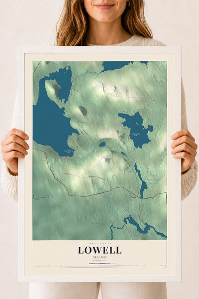 Lowell, Maine map print - 18 x 24 white Ayous wood frame