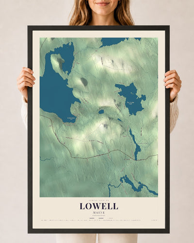 Lowell, Maine map print - 24 x 36 black Ayous wood frame