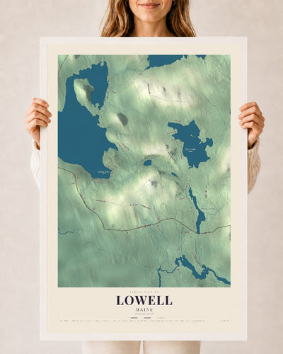 Lowell, Maine map print - 24 x 36 white Ayous wood frame