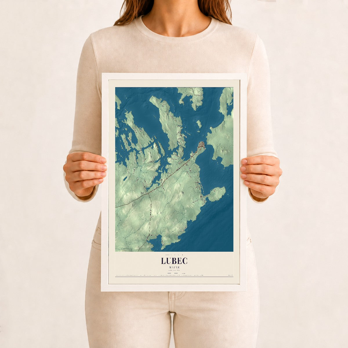Lubec, Maine map print - 12 x 18 white Ayous wood frame