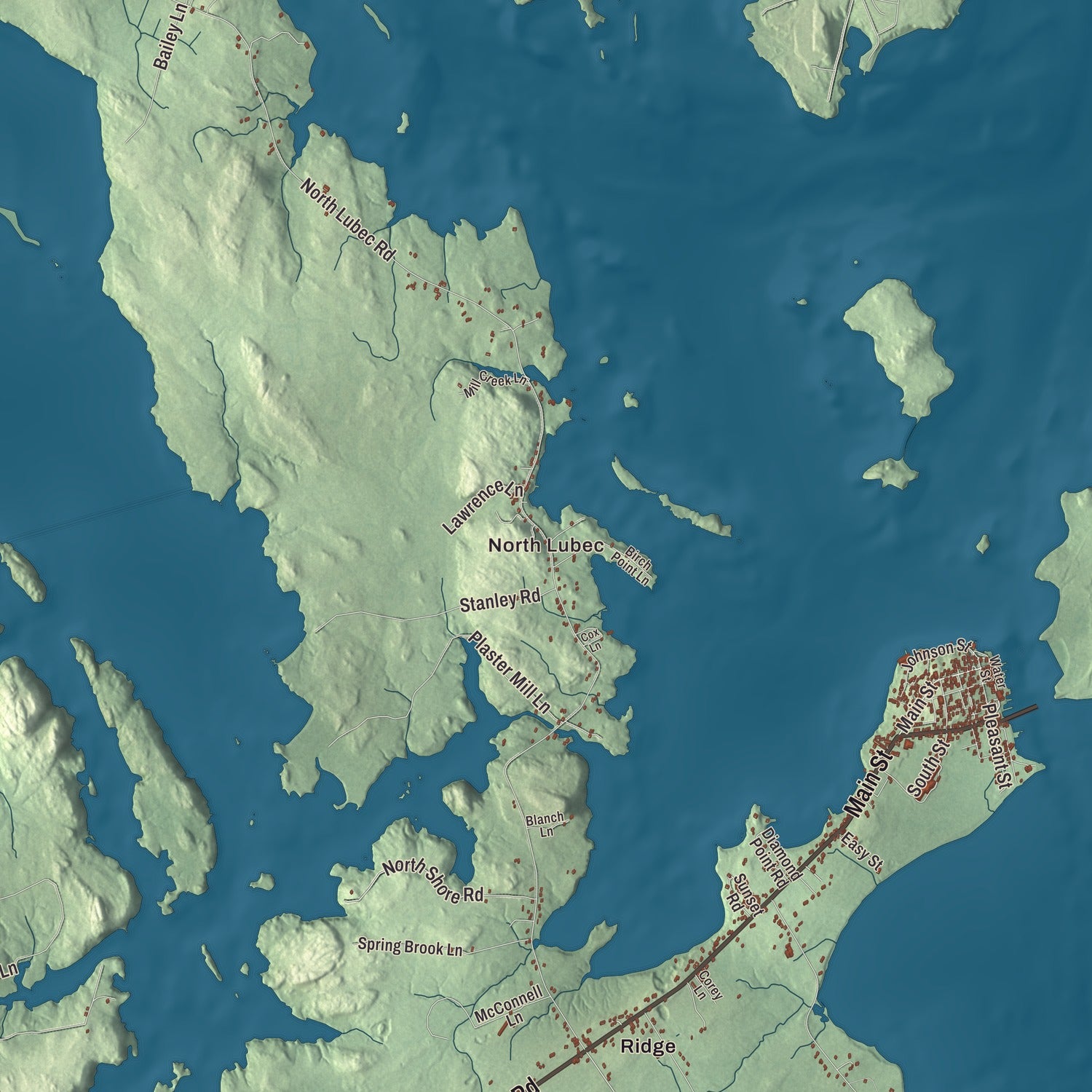 Terrain and local geography detail from the Lubec, Maine map