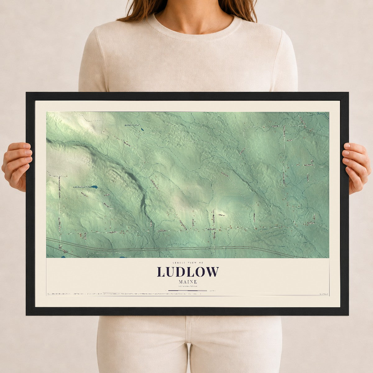 Ludlow, Maine map print - 12 x 18 black Ayous wood frame