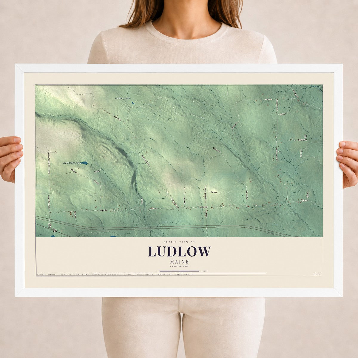 Ludlow, Maine map print - 18 x 24 white Ayous wood frame