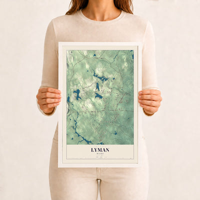 Lyman, Maine map print - 12 x 18 white Ayous wood frame