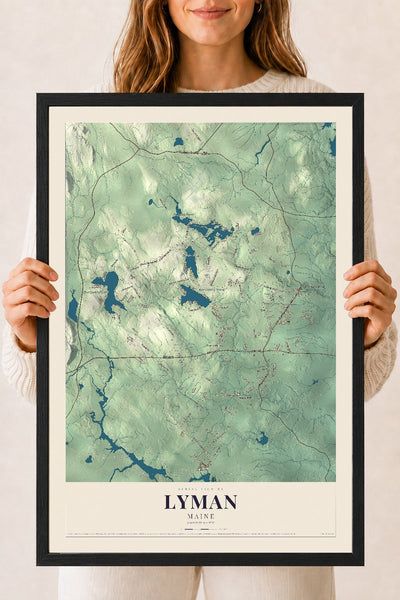 Lyman, Maine map print - 18 x 24 black Ayous wood frame