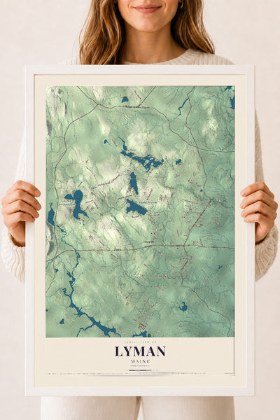Lyman, Maine map print - 18 x 24 white Ayous wood frame