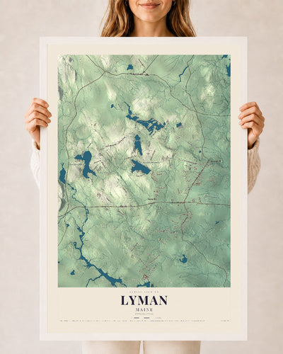 Lyman, Maine map print - 24 x 36 white Ayous wood frame