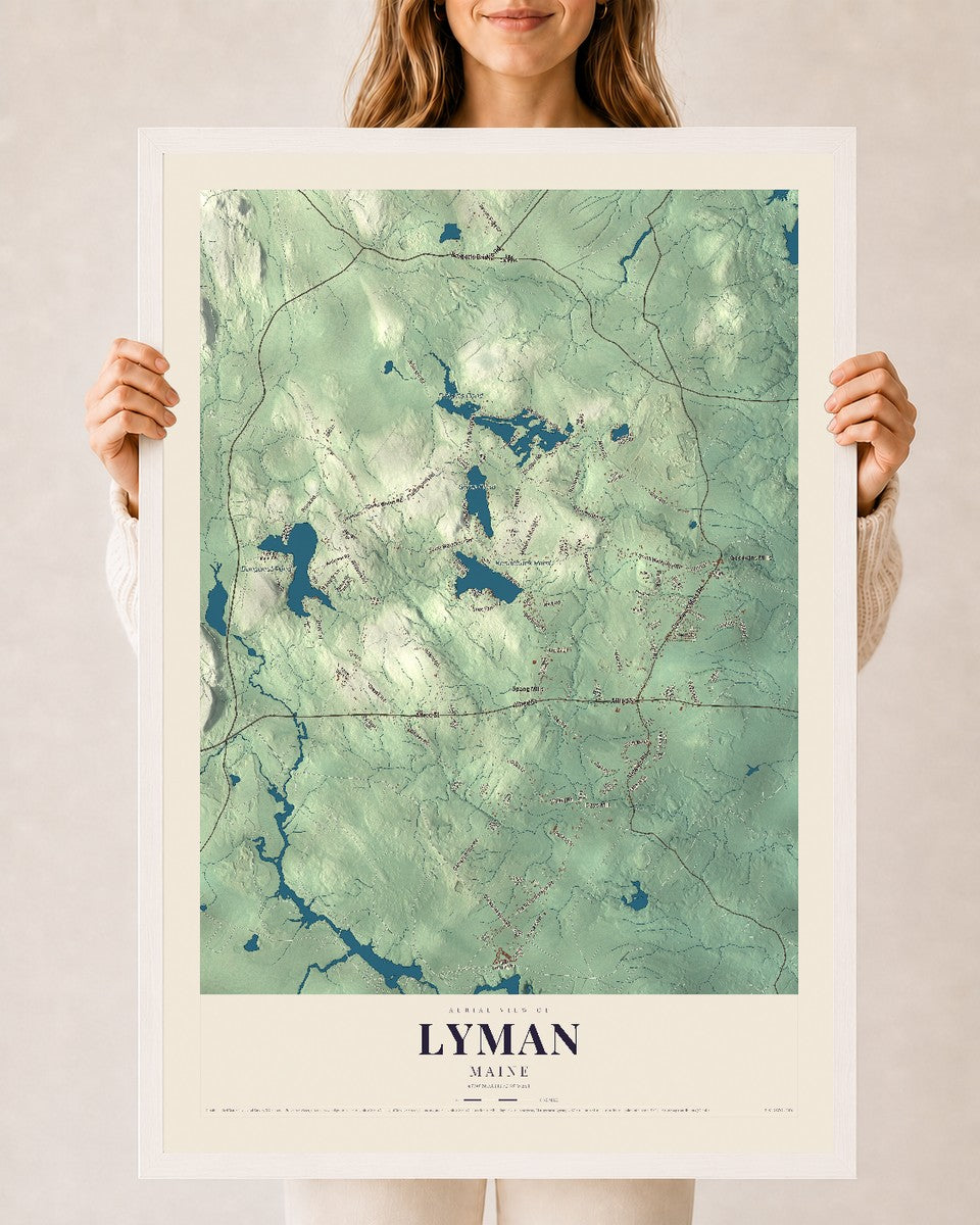 Lyman, Maine map print - 24 x 36 white Ayous wood frame