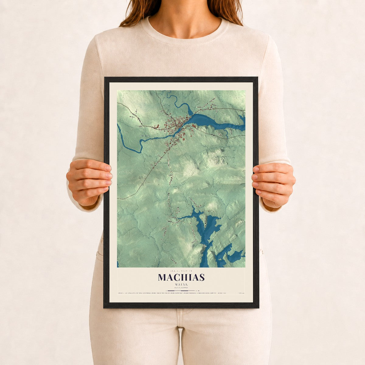 Machias, Maine map print - 12 x 18 black Ayous wood frame