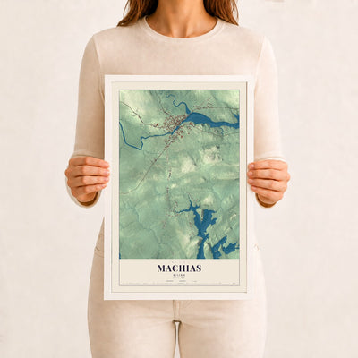 Machias, Maine map print - 12 x 18 white Ayous wood frame