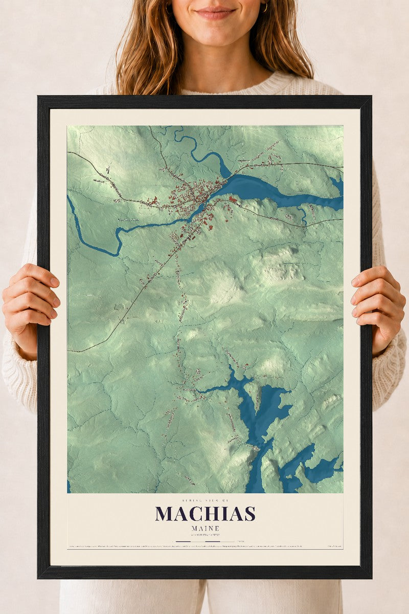 Machias, Maine map print - 18 x 24 black Ayous wood frame