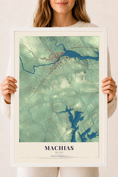 Machias, Maine map print - 18 x 24 white Ayous wood frame