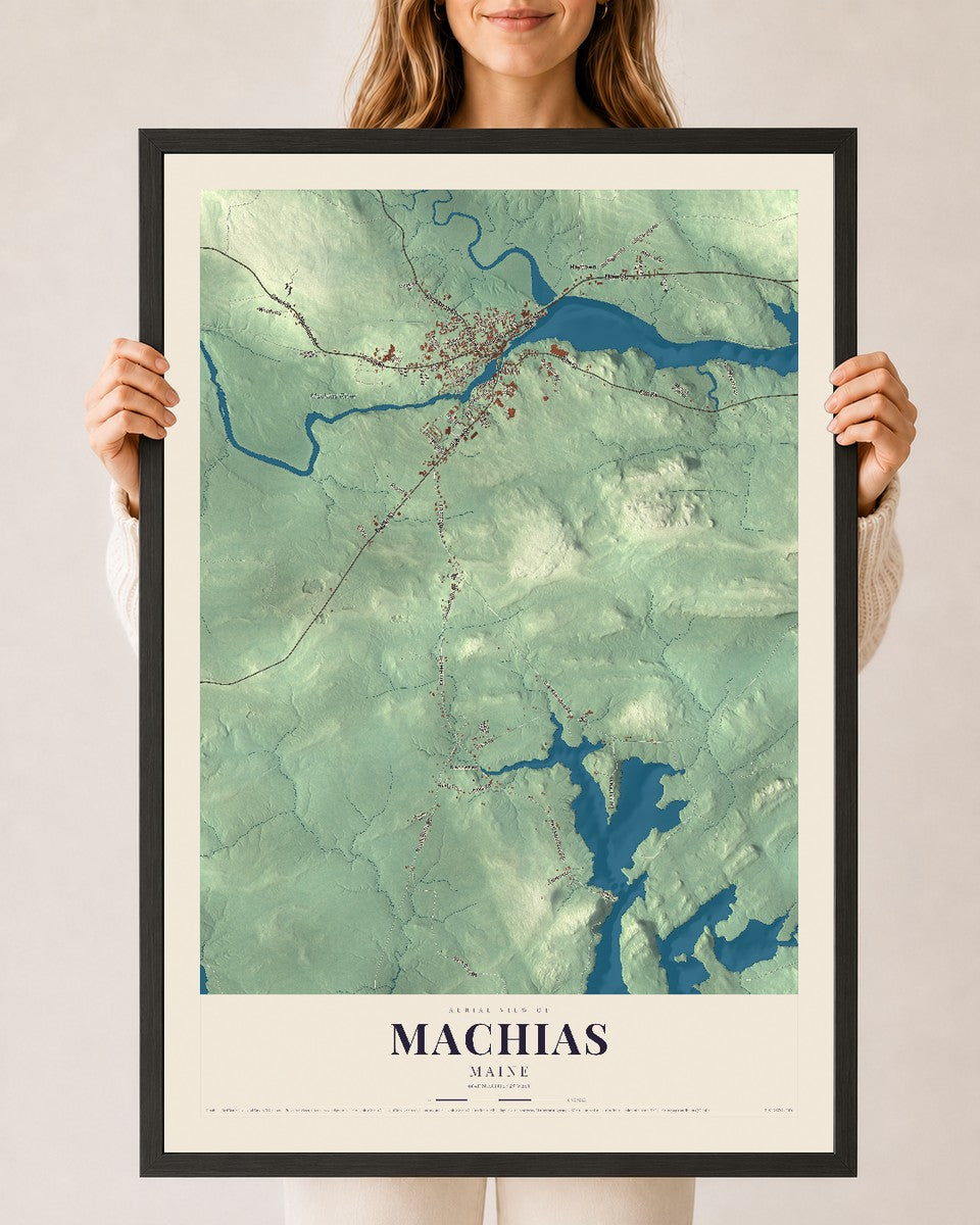 Machias, Maine map print - 24 x 36 black Ayous wood frame