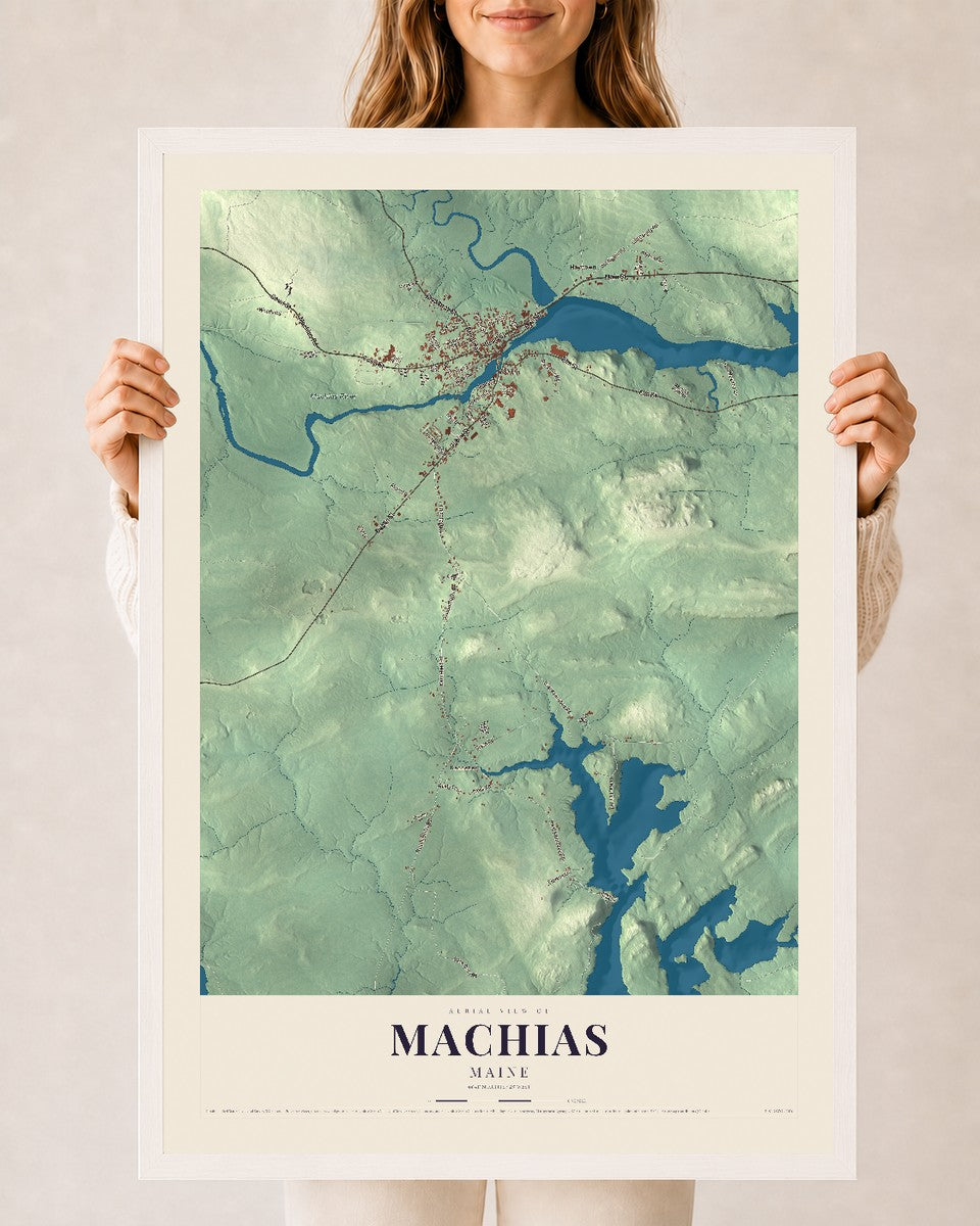 Machias, Maine map print - 24 x 36 white Ayous wood frame