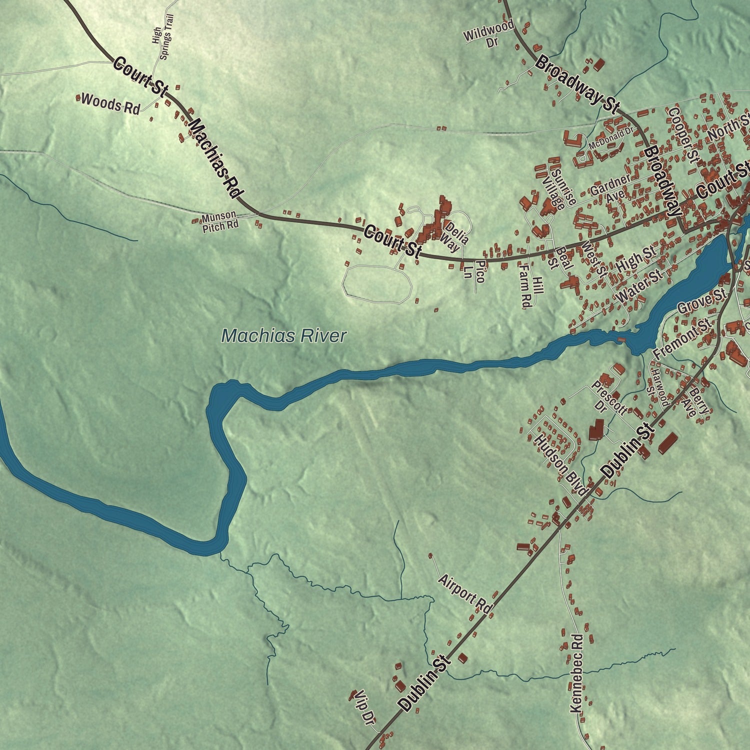 Terrain and local geography detail from the Machias, Maine map