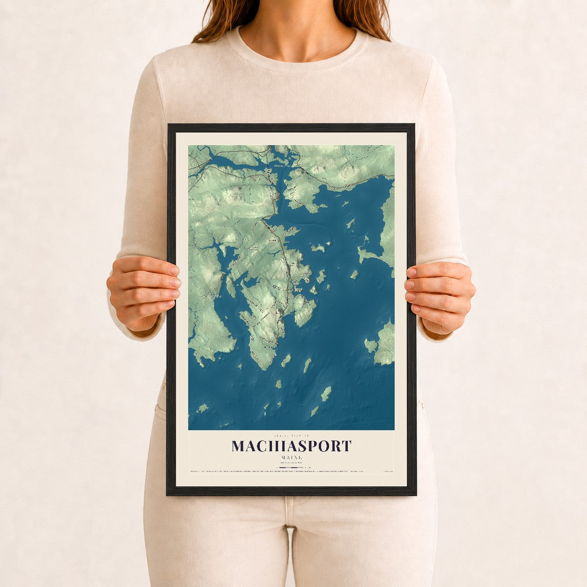 Machiasport, Maine map print - 12 x 18 black Ayous wood frame